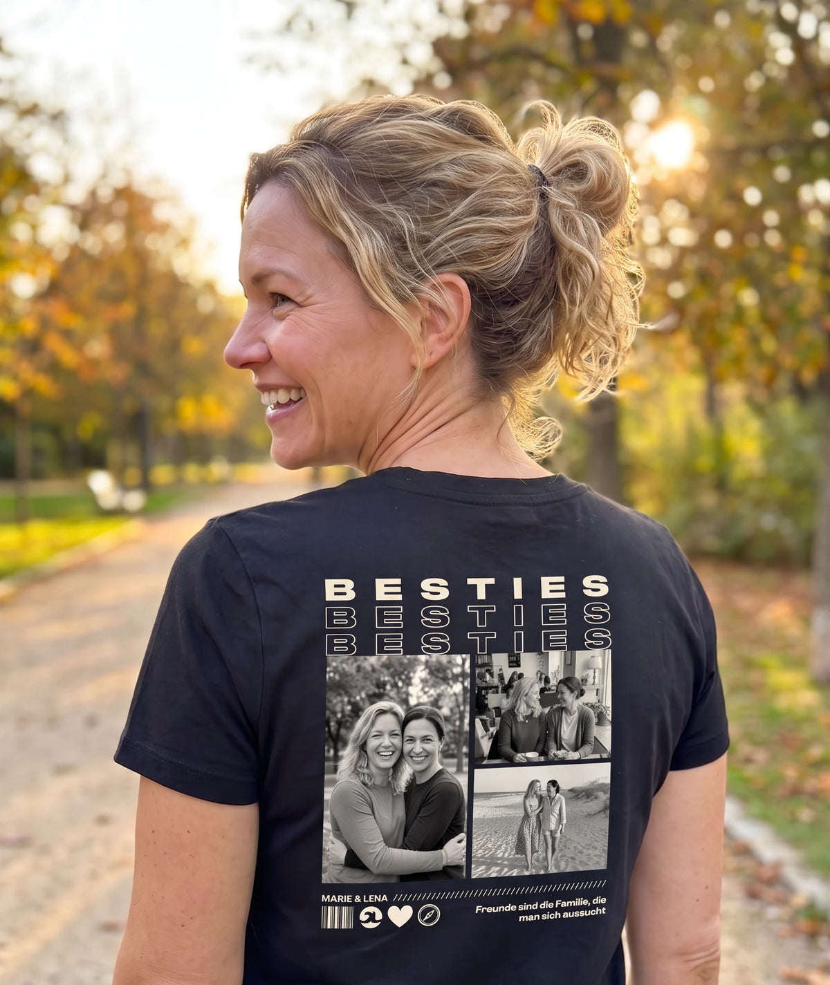 Besties T-Shirt Schwarz getragen, Rückansicht mit Foto-Backprint
