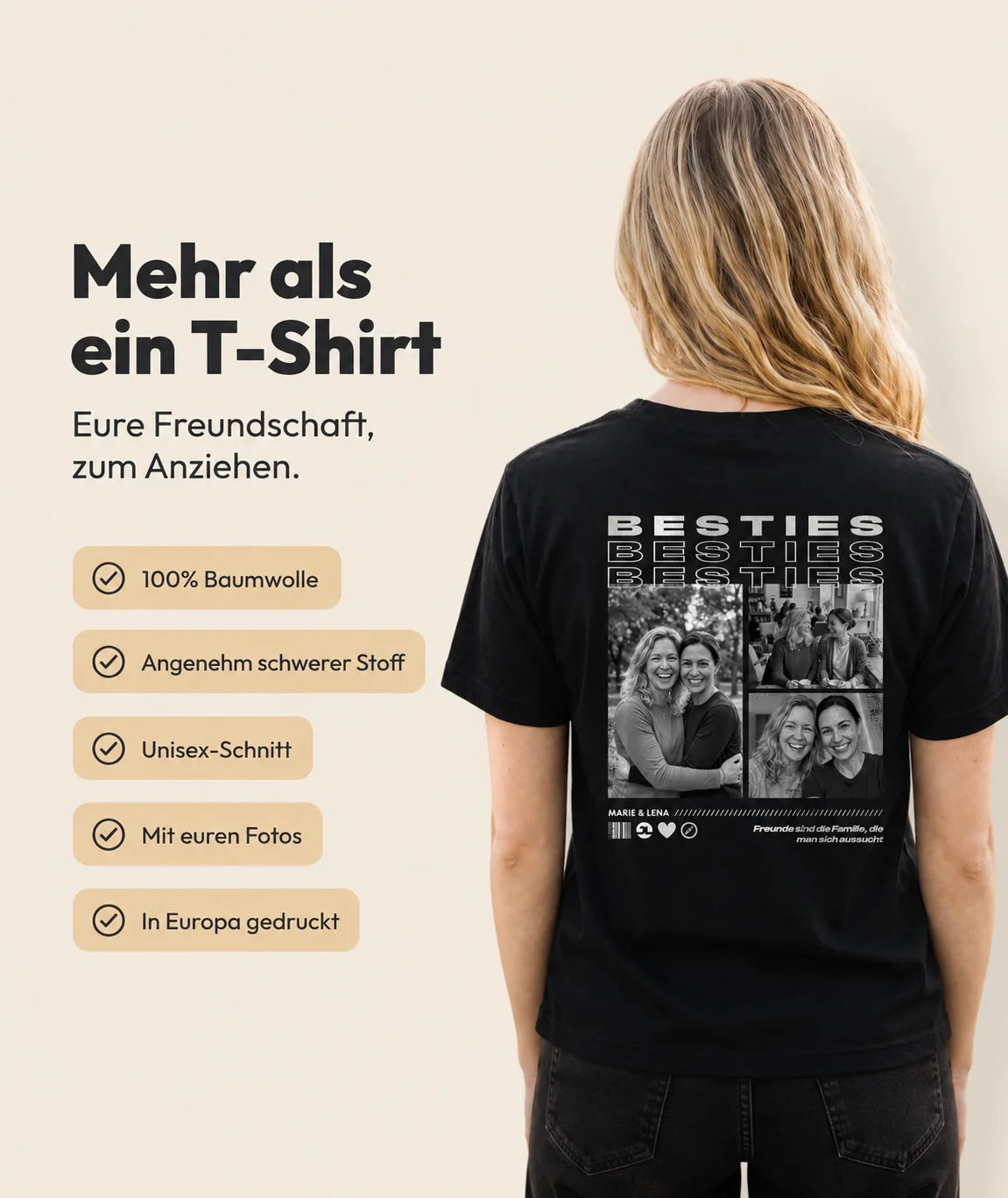 Mehr als ein T-Shirt – Vorteile: 100% Baumwolle, angenehm schwerer Stoff, Unisex-Schnitt, mit euren Fotos, in Europa gedruckt