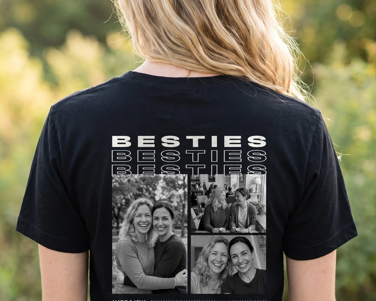 Besties T-Shirt Schwarz getragen – Rückansicht mit Foto-Backprint #grid